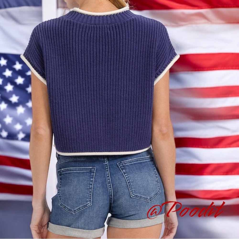 DAY & MOON Cropped navy patriotic sweater top S M L - Picture 3 of 8